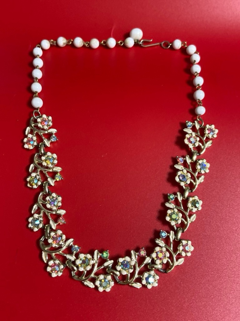 Gold-Tone Floral Necklace with White Bead Chain